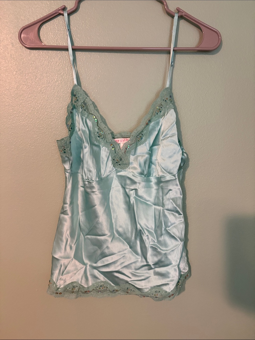 Silky Lace-Trim Chemise Cami in Light Aqua
